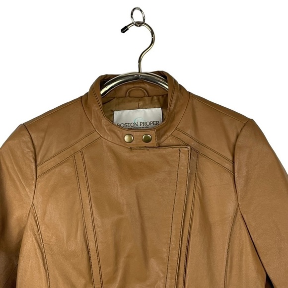 BOSTON PROPER LEATHER ASYMMETRIC ZIPPER STAND COLLAR TAN MOTO JACKET - Picture 6 of 15